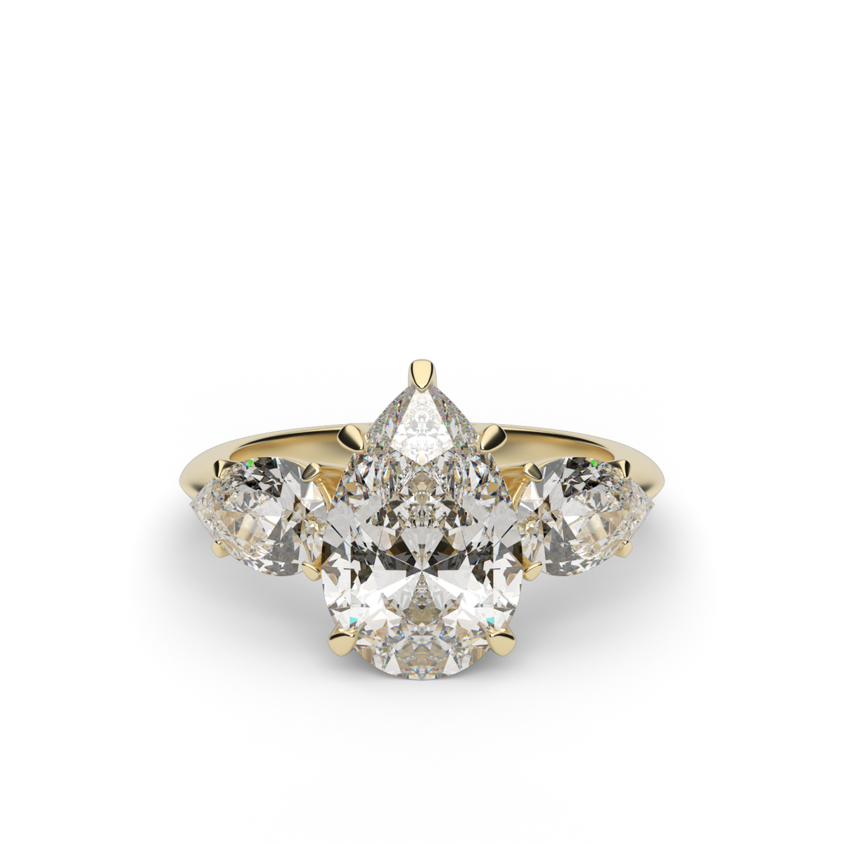 Three-Stone  Engagement Ring With Pear Side Diamonds — 14K Yellow Gold / Pear / Lab Diamond (image)