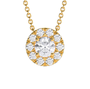Yellow Gold Round Shape Diamond Halo Pave Pendant With U Cut Setting.