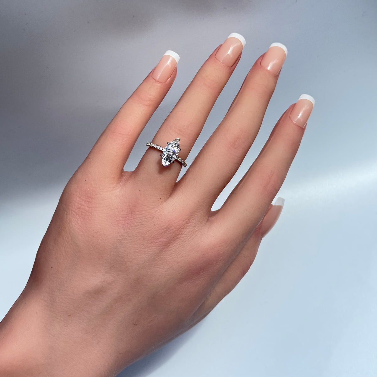 Petite French Cut Pave Engagement Ring — 14K White Gold / Marquise / Lab Diamond (image)