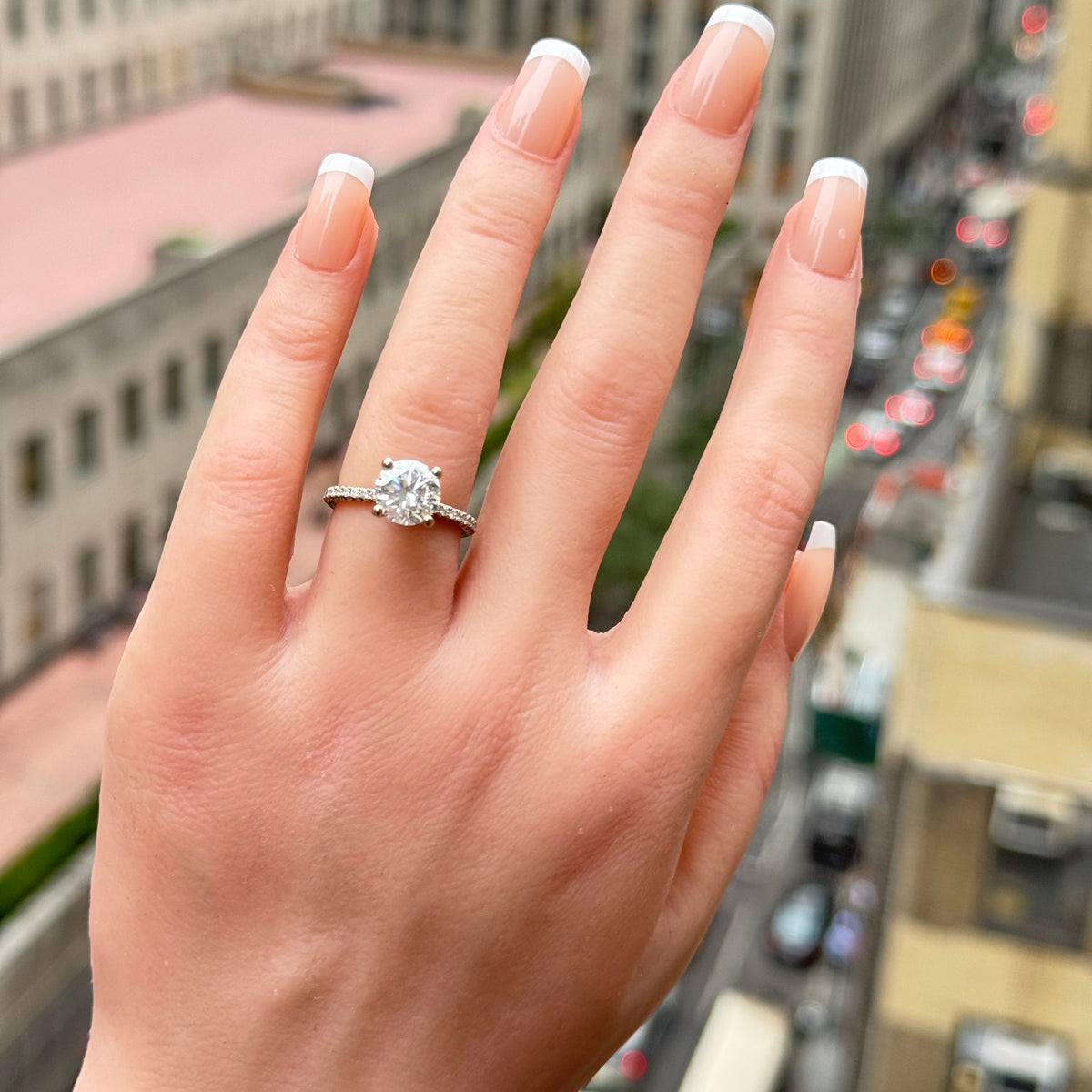 Petite French Cut Pave Engagement Ring — 14K White Gold / Round / Lab Diamond (image)