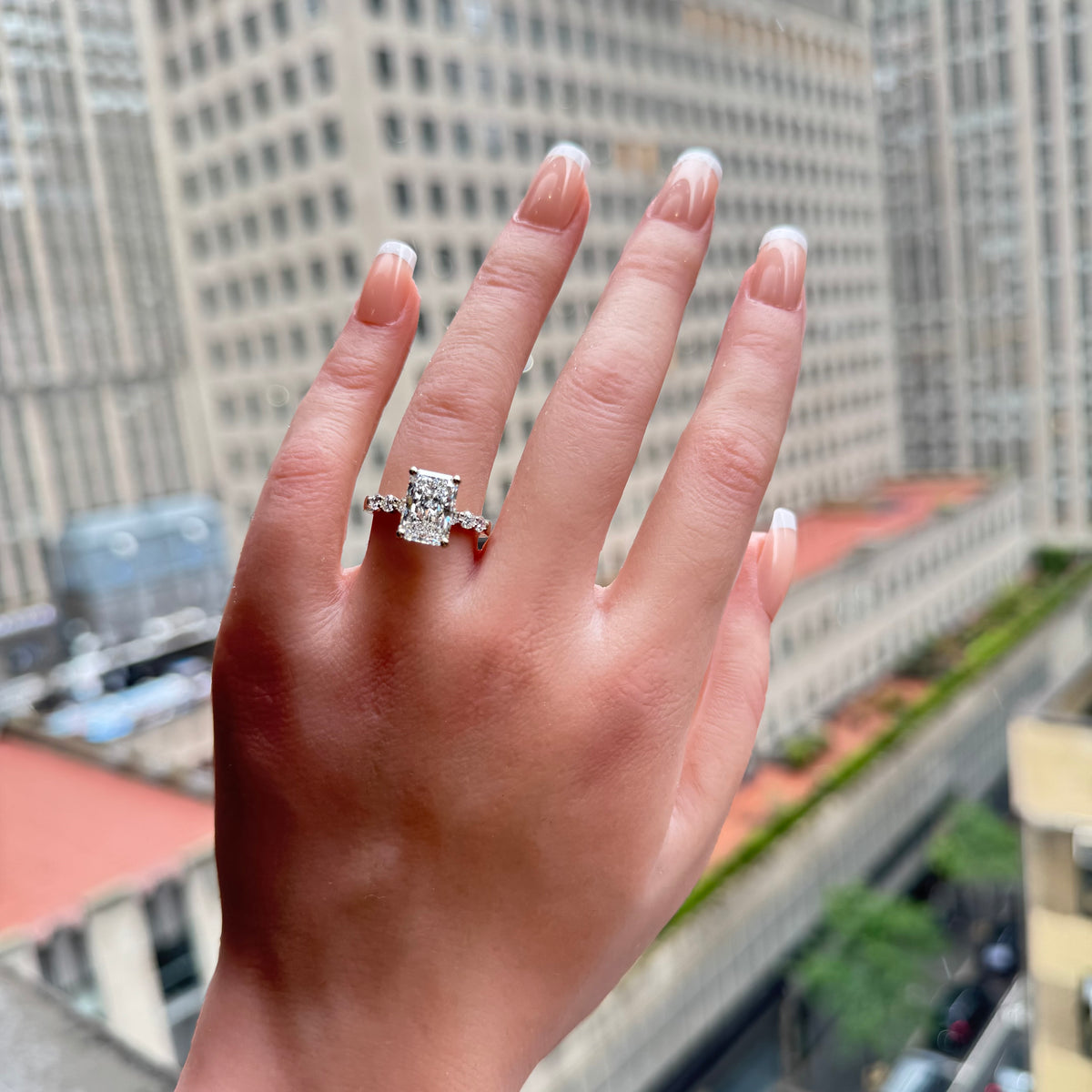 Prong Set Diamond Engagement Ring — 14K White Gold / Emerald / Lab Diamond (image)