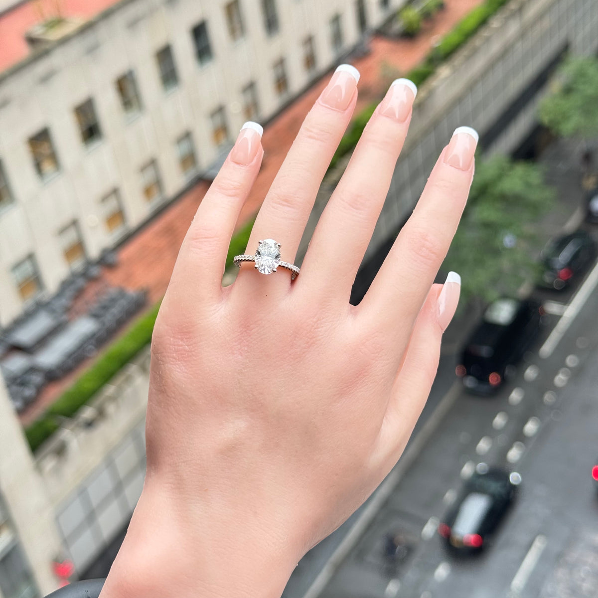 Petite French Cut Pave Engagement Ring — 14K White Gold / Oval / Lab Diamond (image)